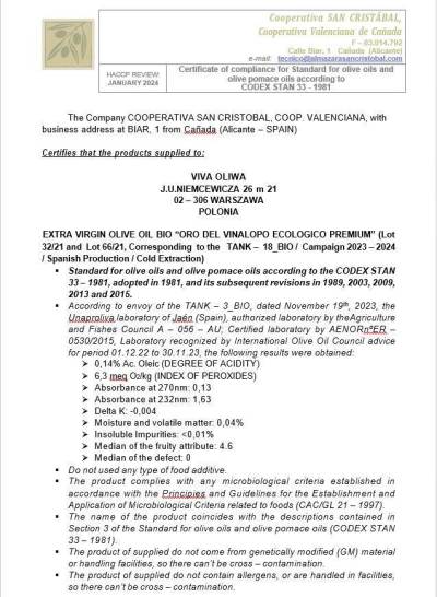 Ekologiczna zielona oliwa z oliwek Extra Virgin ORO DEL VINALOPÓ verde w ciemnej butelce 0,5L