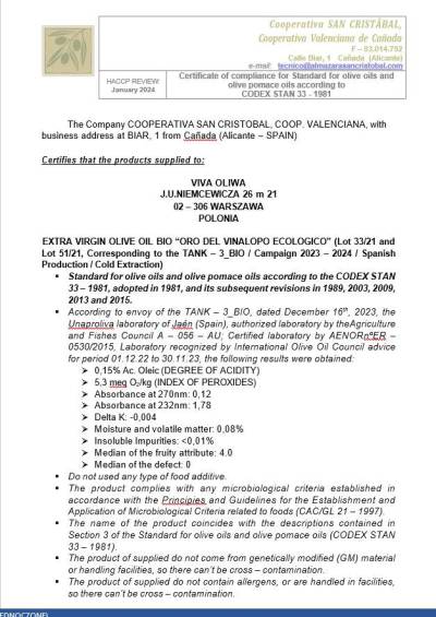 Ekologiczna oliwa z oliwek Extra Virgin ORO DEL VINALOPÓ