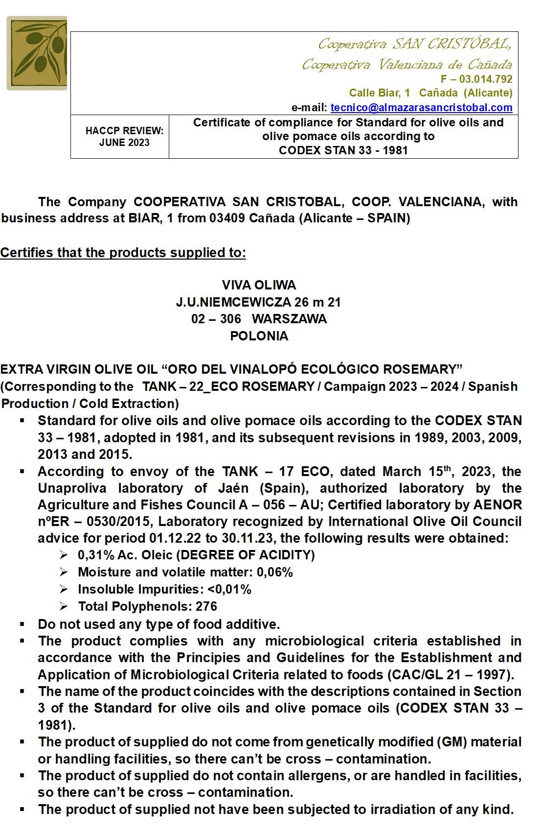certyfikat kwasowości oliwy