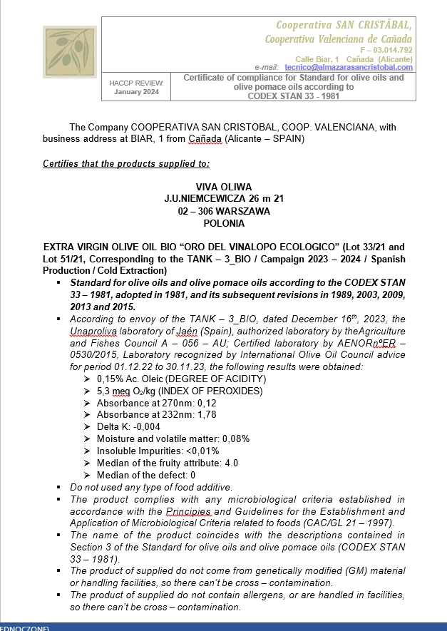 kwasowość certyfikat