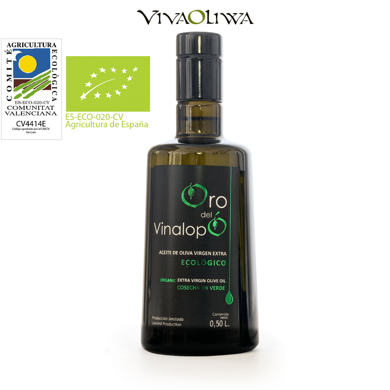 Ekologiczna wczesna oliwa z oliwek z pierwszego tłoczenia na zimno Oro del Vinalopó verde.